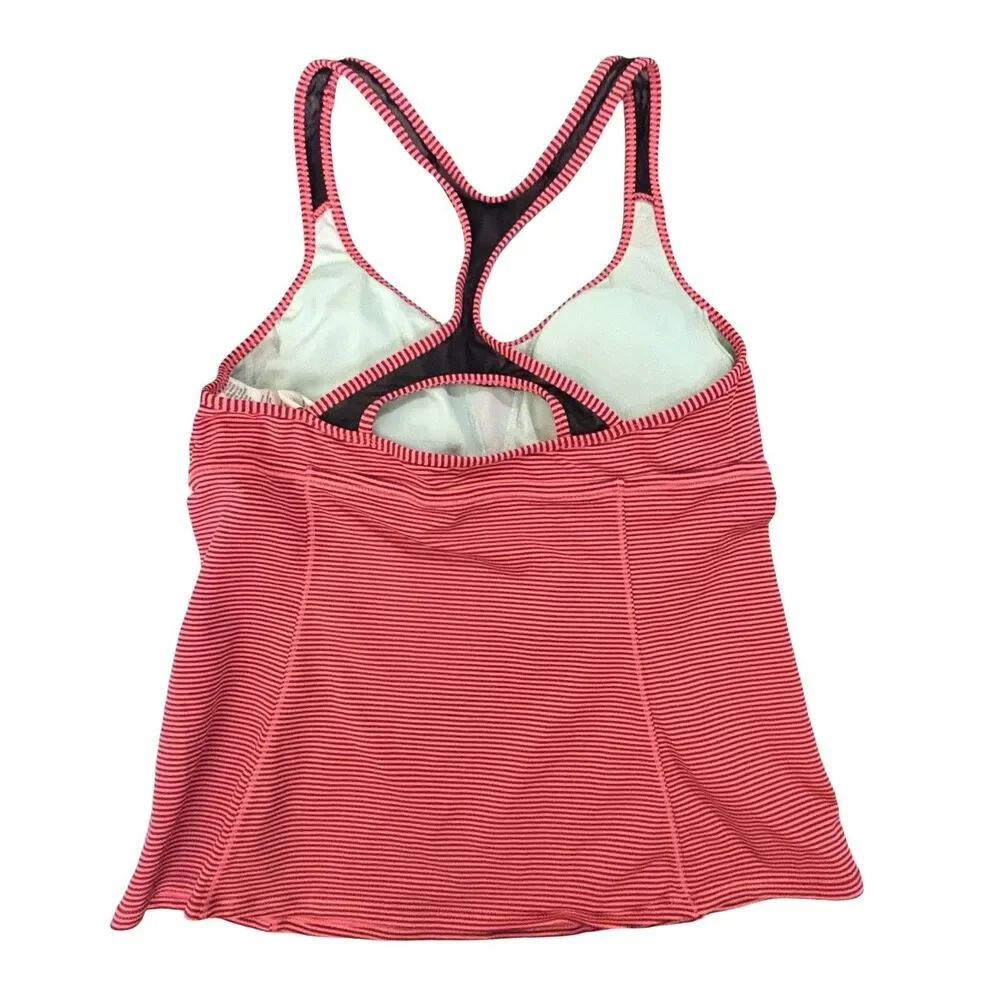 NIKE Women’s L Tankini Swim Top Coral Striped Racerback Built In Shelf Bra